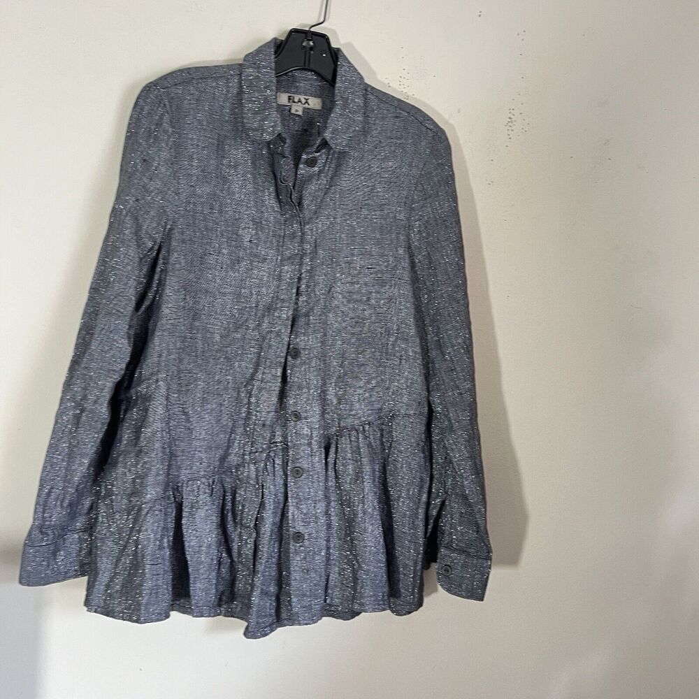FLAX Gray 100% Linen Button Down Tunic Top Shirt Sz P (4-6) Metallic Longsleeve